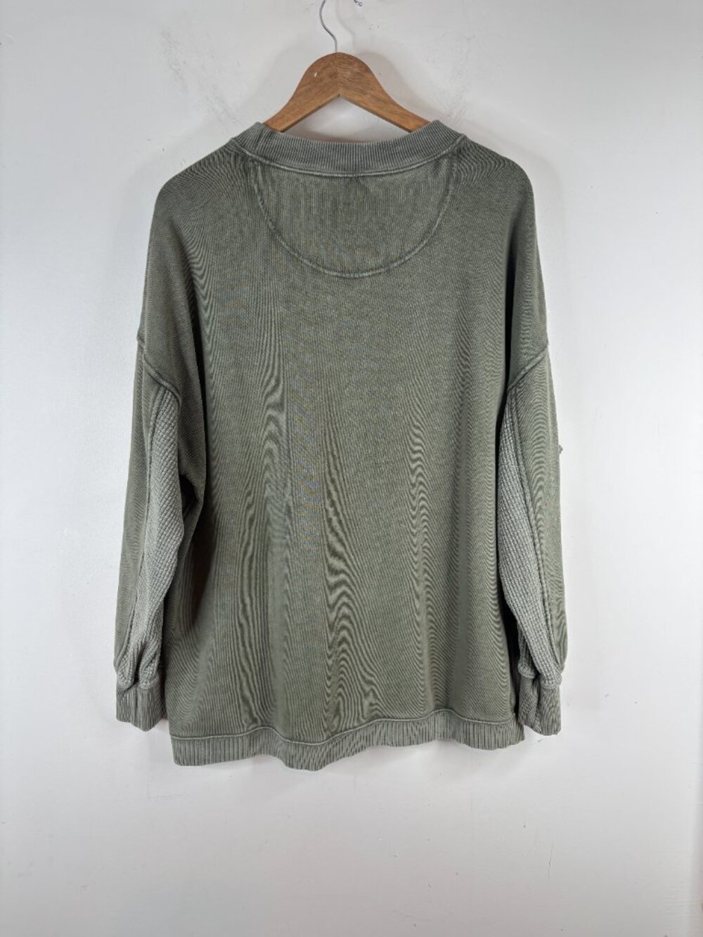 Aerie Oversized Crewneck Sweatshirt S Olive Green Waffle Knit Sleeve Slouchy - Picture 5 of 10